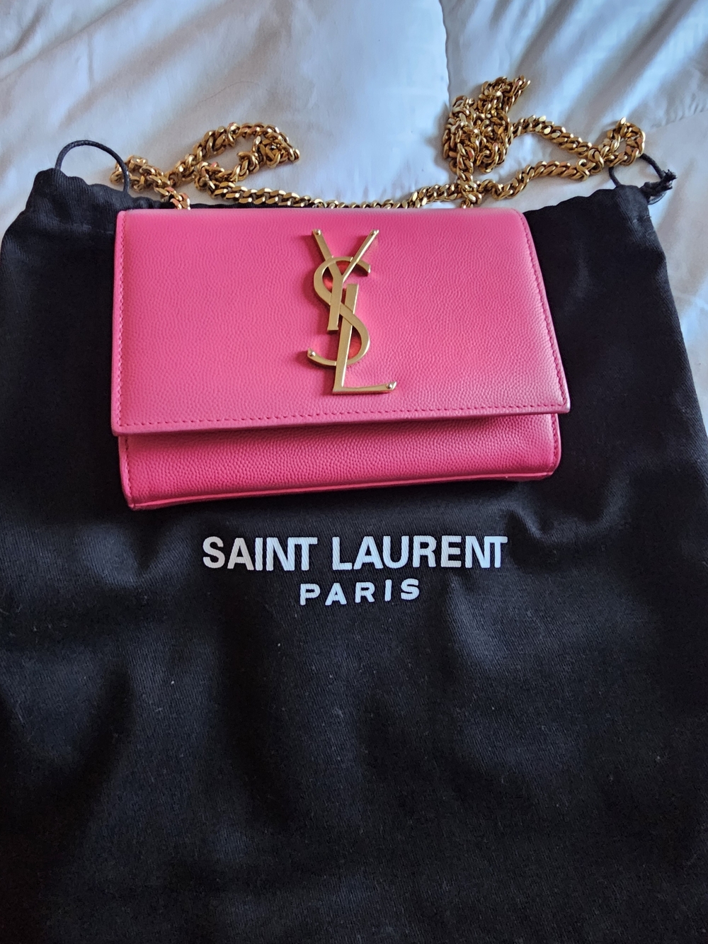 Saint Laurent Hot Pink Leather Chain Crossbody with Gold YSL